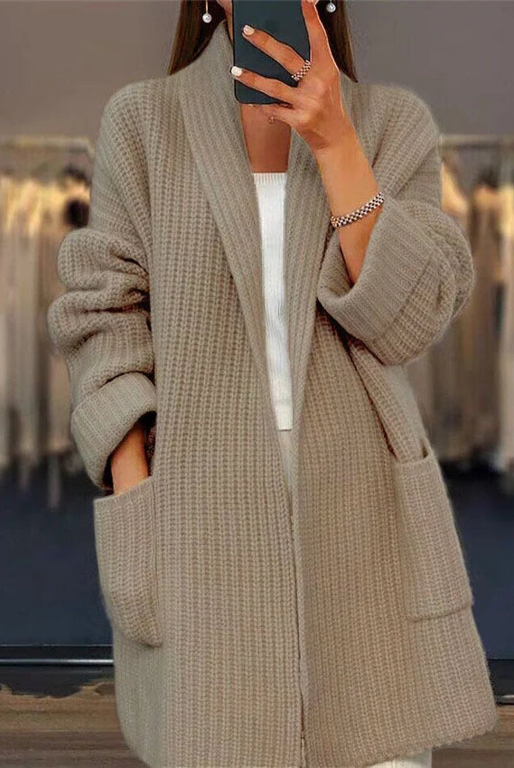 Women's Longline Ribbed Knit Open-Front Cardigan with Patch Pockets 1
