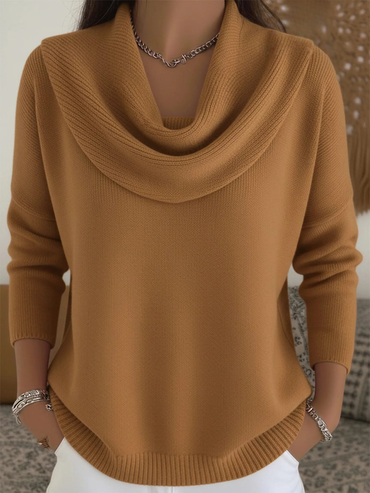 Women's Merino Wool Cowl Neck Sweater with Three-Quarter Sleeves 1
