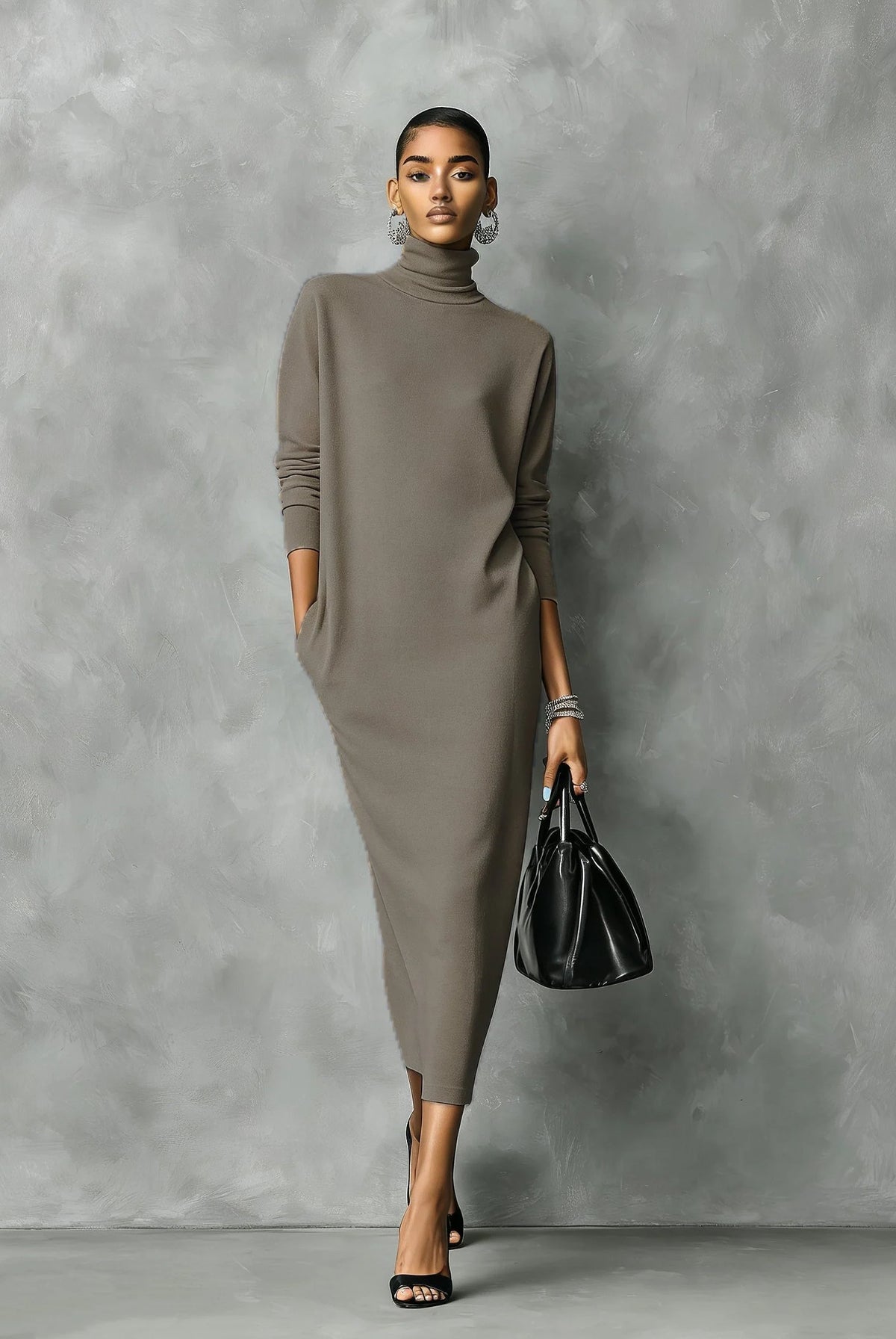 Women's Midi Turtleneck Sweater Dress with Fitted Silhouette 2