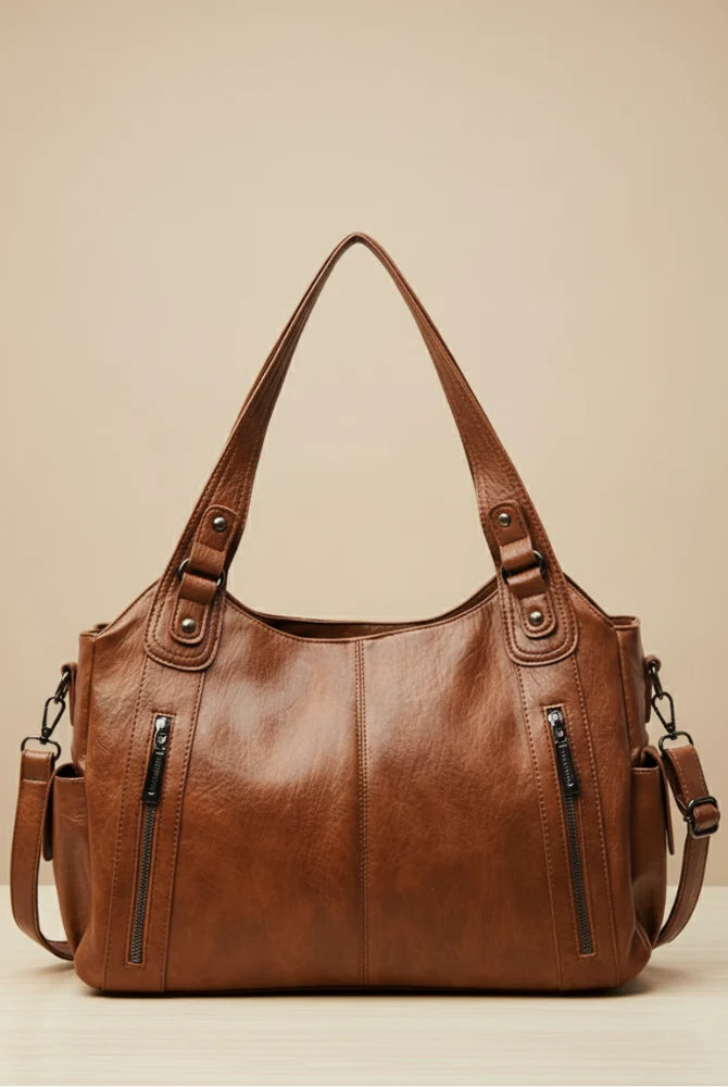 Women's Multi-Pocket Leather Shoulder Bag with Detachable Crossbody Strap 0