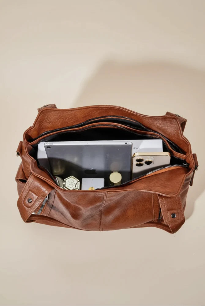 Women's Multi-Pocket Leather Shoulder Bag with Detachable Crossbody Strap 1