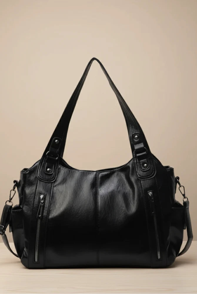Women's Multi-Pocket Leather Shoulder Bag with Detachable Crossbody Strap 2