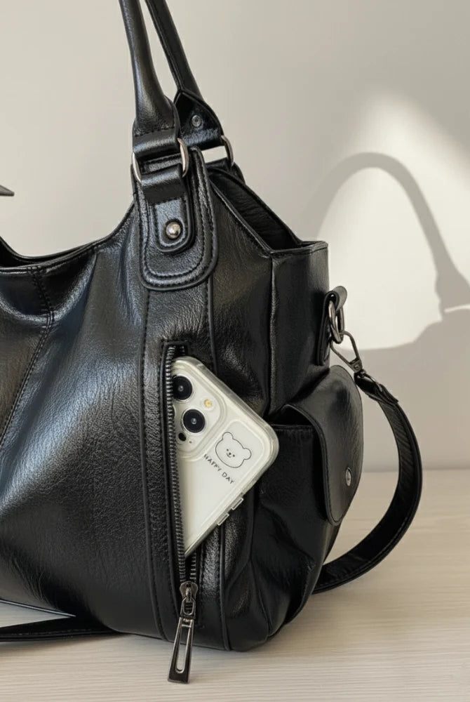 Women's Multi-Pocket Leather Shoulder Bag with Detachable Crossbody Strap 3