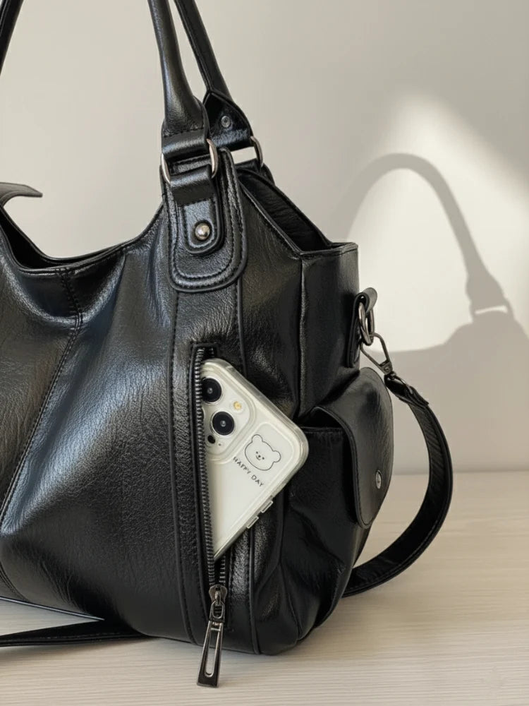 Women's Multi-Pocket Leather Shoulder Bag with Detachable Crossbody Strap 3