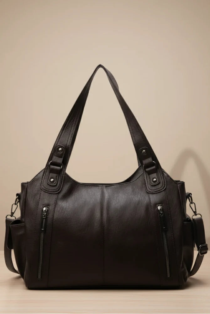 Women's Multi-Pocket Leather Shoulder Bag with Detachable Crossbody Strap 4
