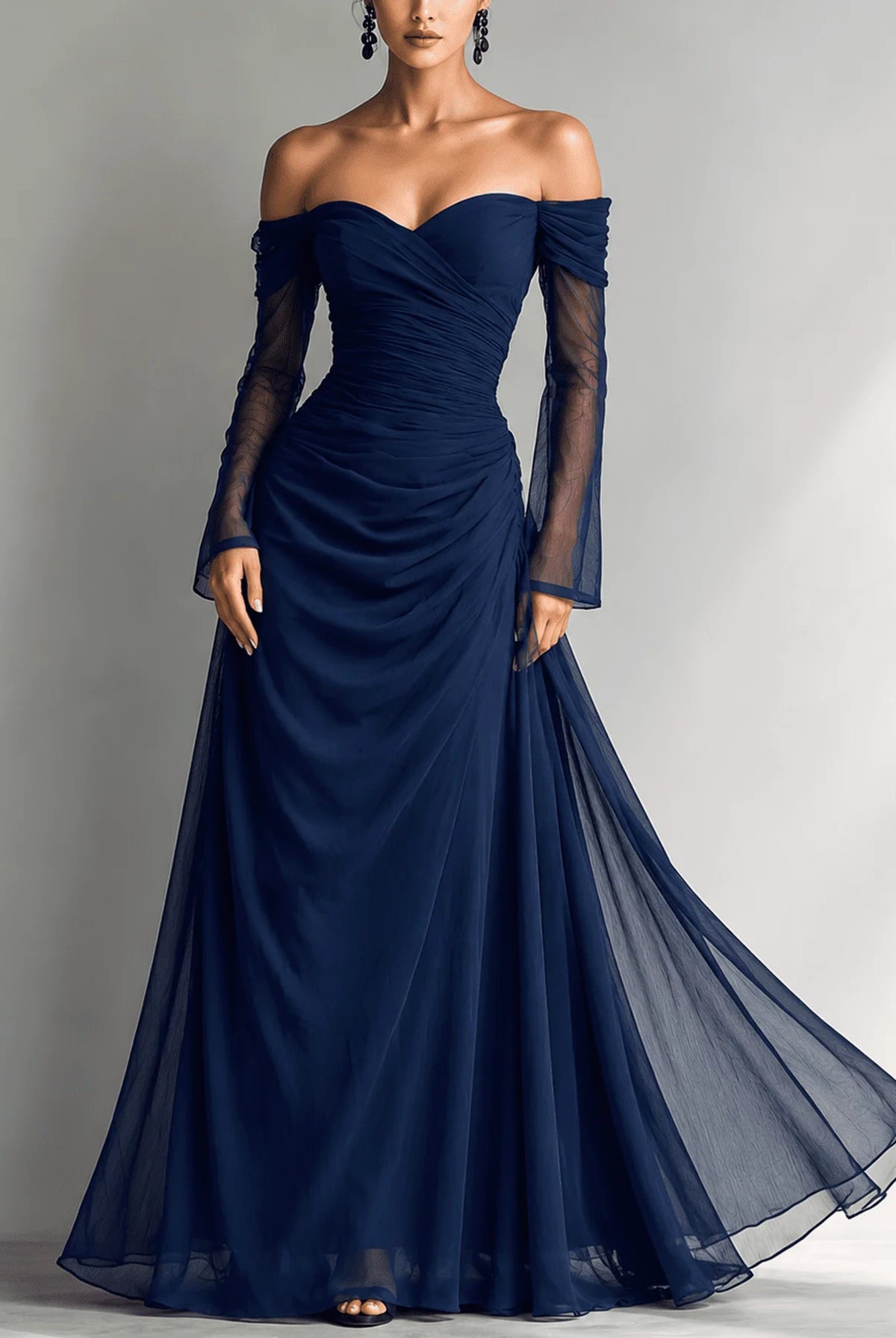 Women's Off-Shoulder Long-Sleeve Fitted Chiffon Maxi Dress 0