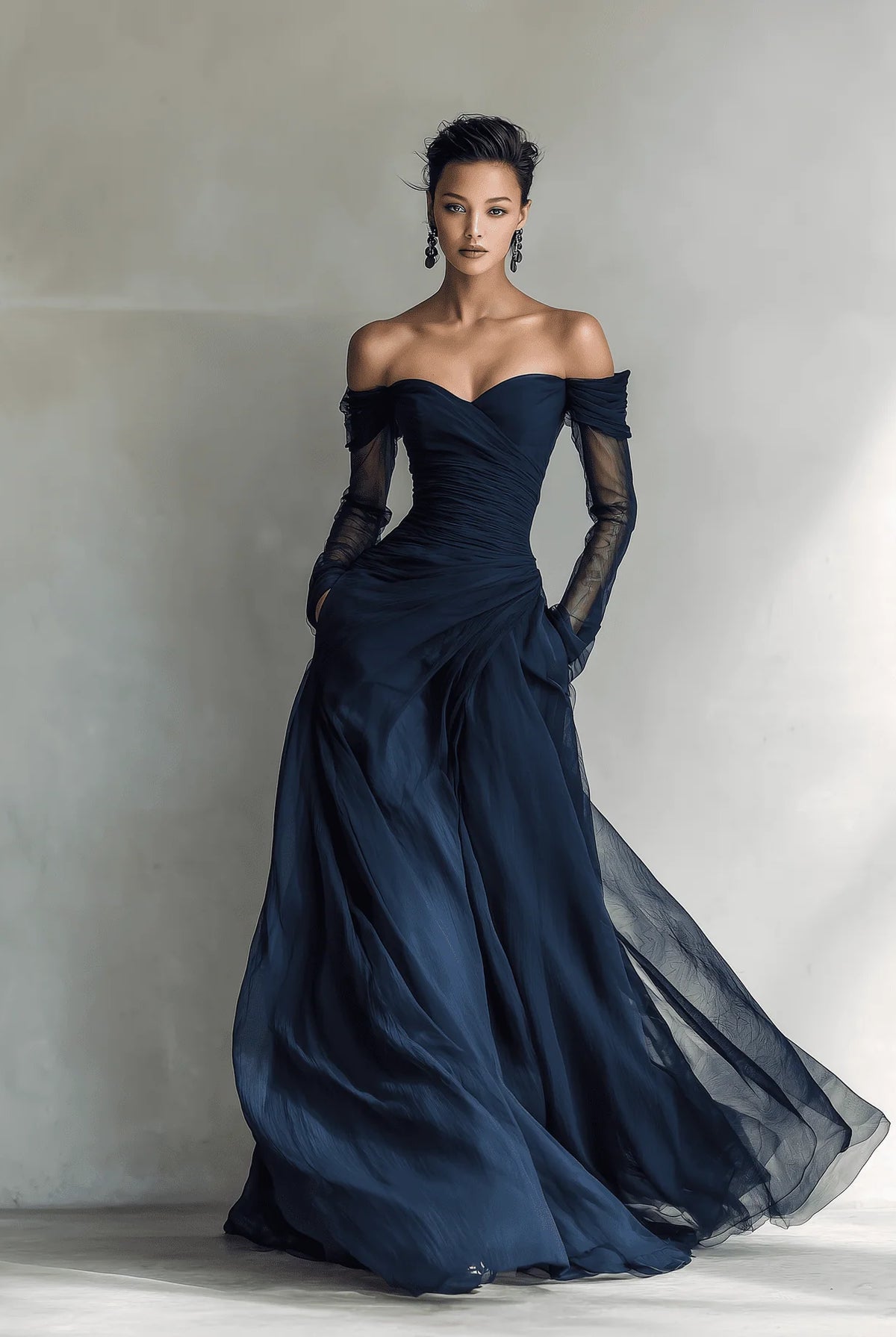 Women's Off-Shoulder Long-Sleeve Fitted Chiffon Maxi Dress 2