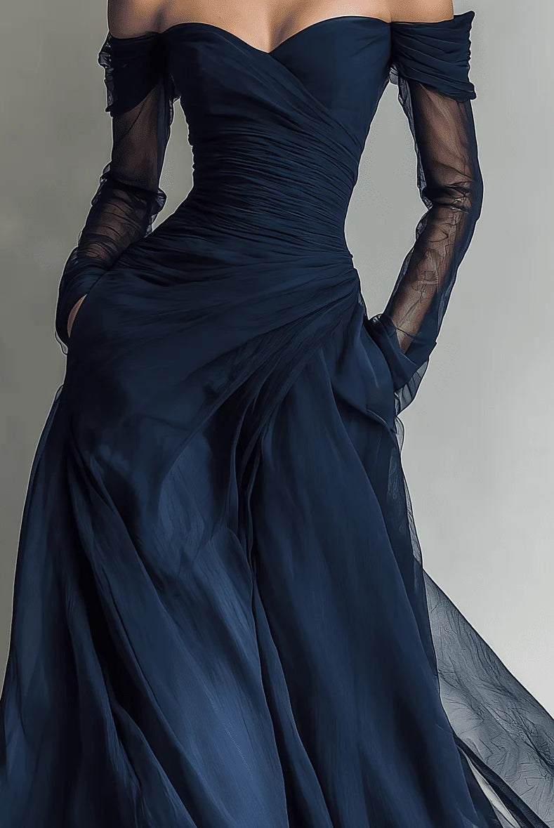 Women's Off-Shoulder Long-Sleeve Fitted Chiffon Maxi Dress 3