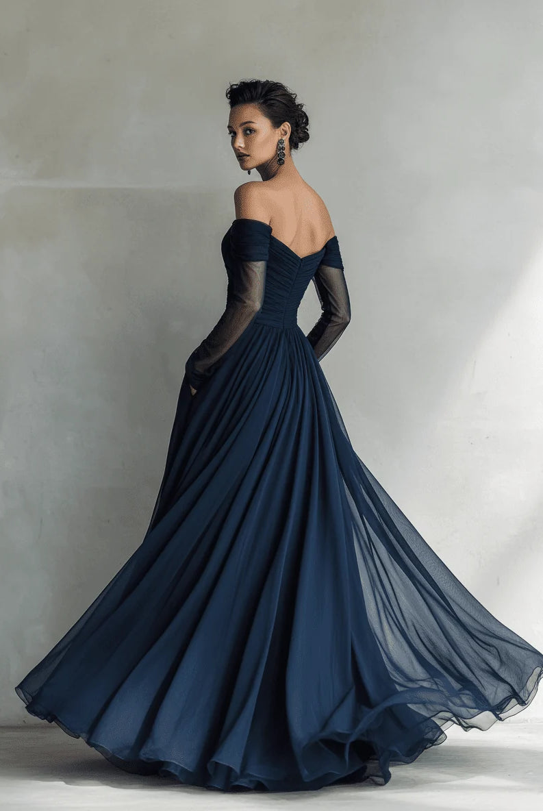Women's Off-Shoulder Long-Sleeve Fitted Chiffon Maxi Dress 4
