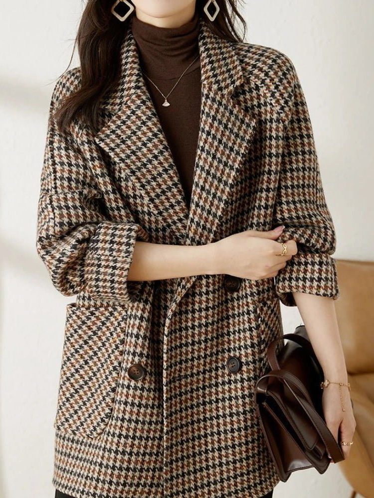 Women's Oversized Double-Breasted Houndstooth Blazer Coat 0