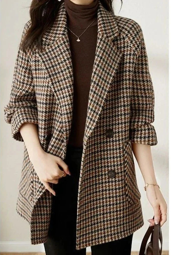 Women's Oversized Double-Breasted Houndstooth Blazer Coat 4