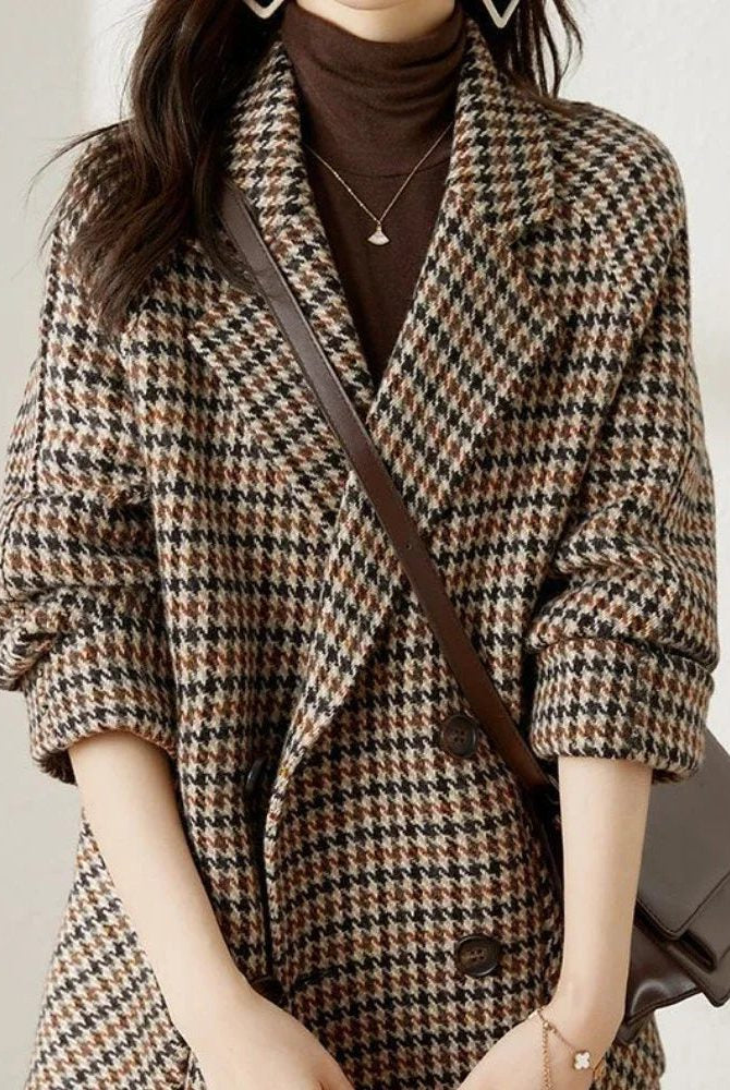Women's Oversized Double-Breasted Houndstooth Blazer Coat 5
