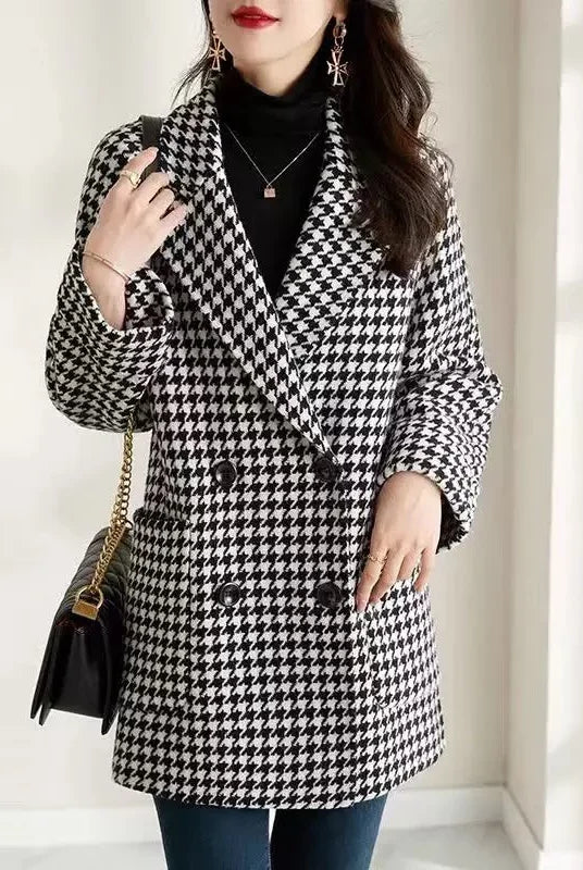 Women's Oversized Double-Breasted Houndstooth Blazer Coat 6