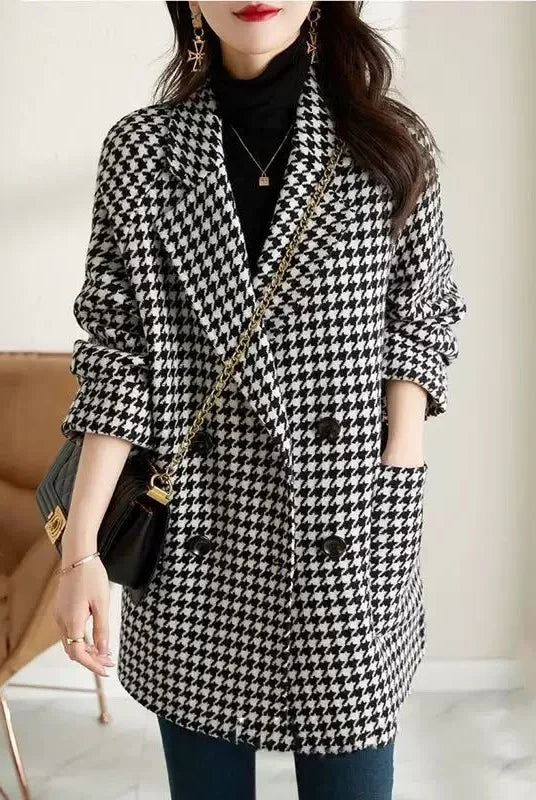 Women's Oversized Double-Breasted Houndstooth Blazer Coat 7