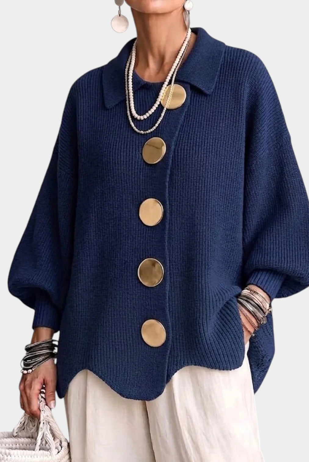 Women's Oversized Knit Cardigan with Gold-Tone Buttons 0