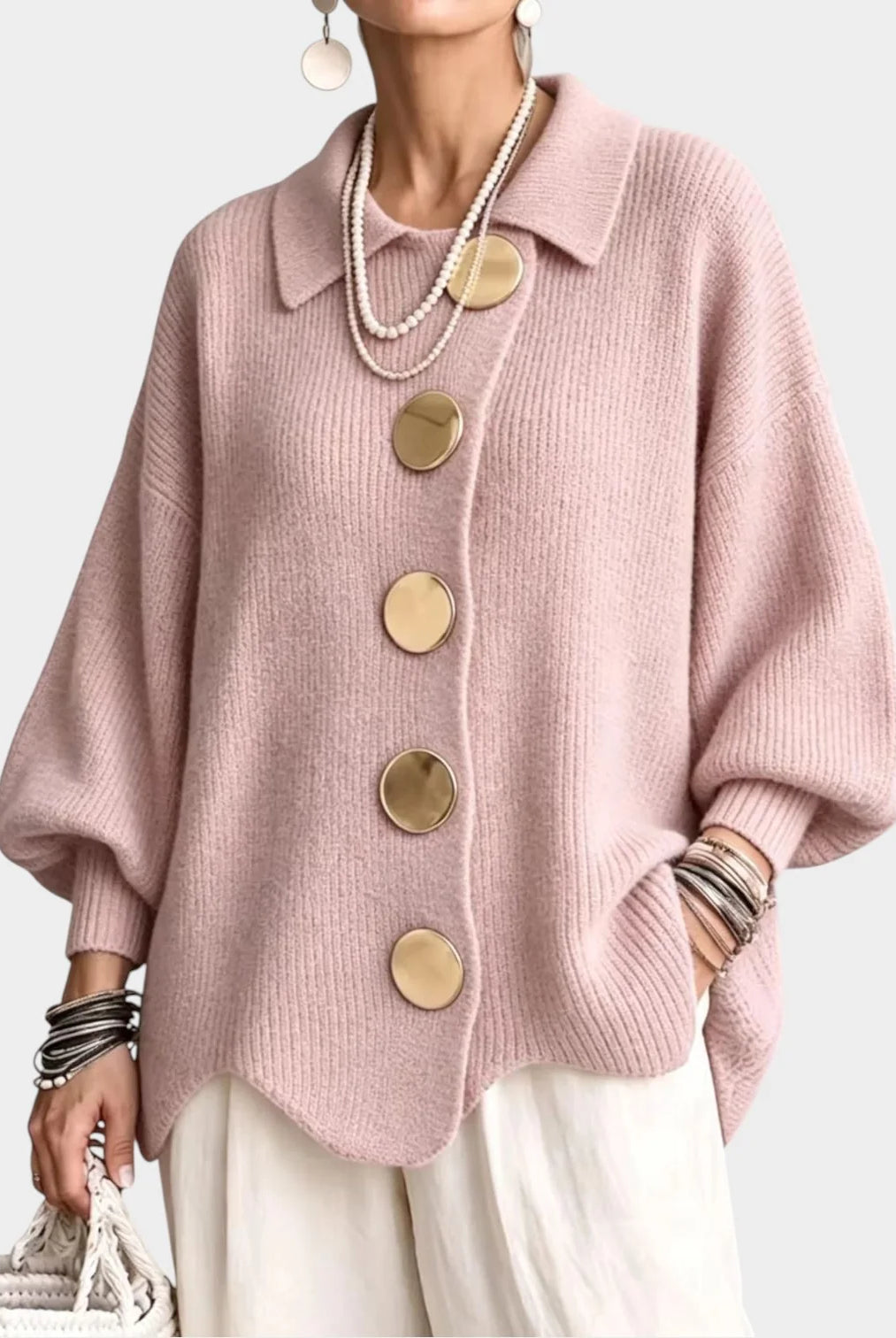 Women's Oversized Knit Cardigan with Gold-Tone Buttons 11