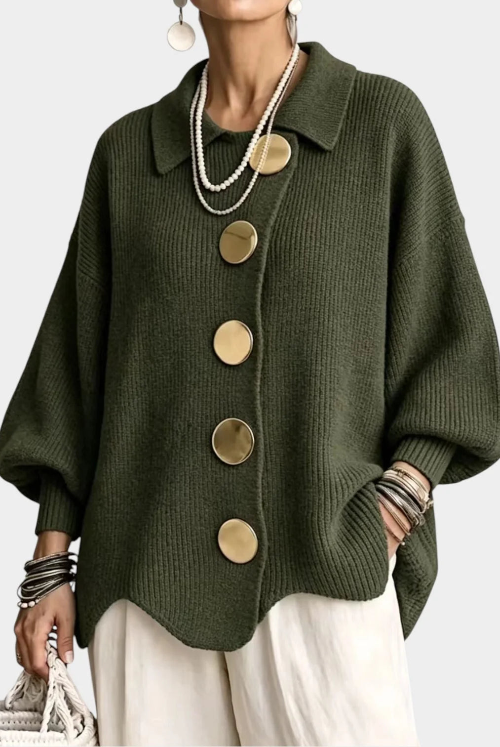 Women's Oversized Knit Cardigan with Gold-Tone Buttons 14