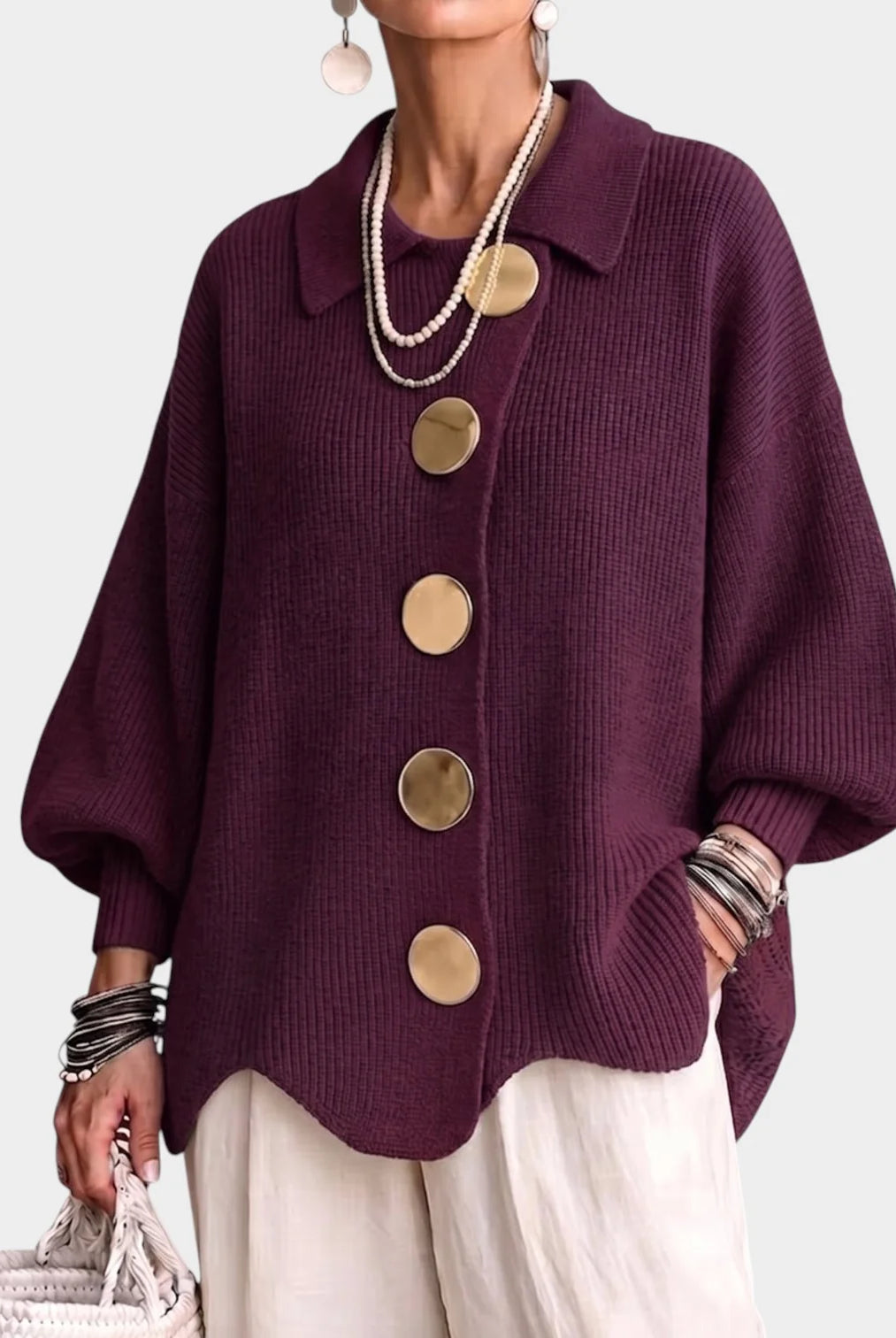 Women's Oversized Knit Cardigan with Gold-Tone Buttons 2
