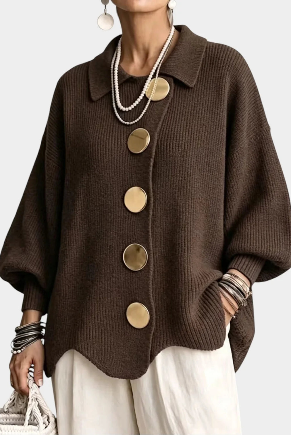 Women's Oversized Knit Cardigan with Gold-Tone Buttons 7
