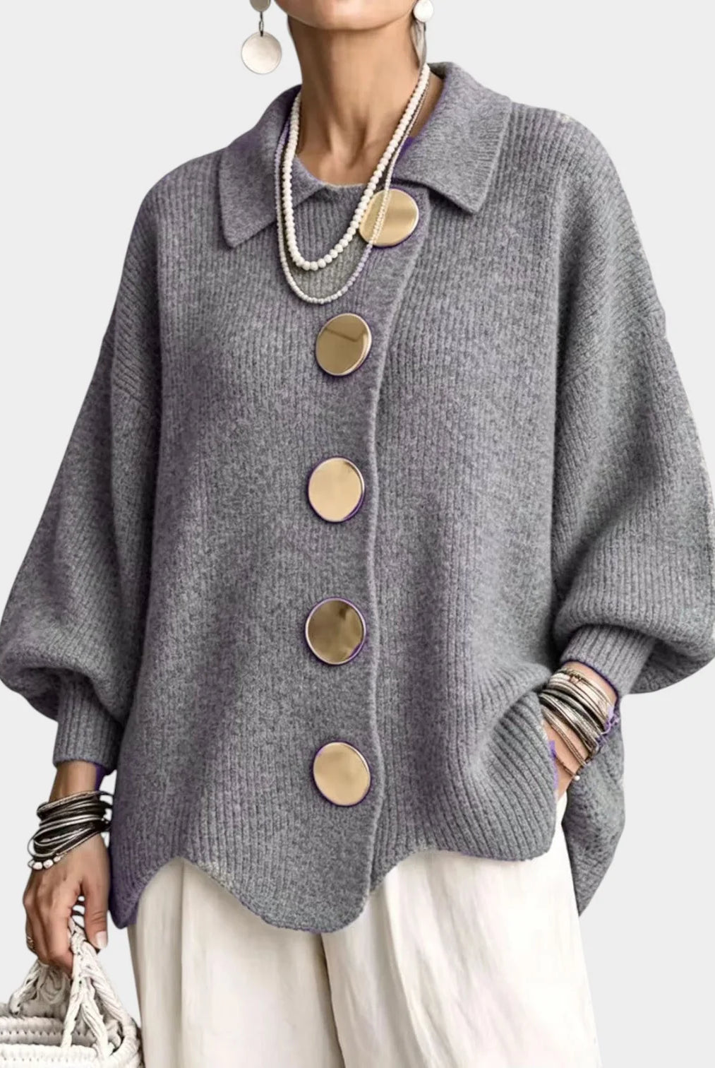 Women's Oversized Knit Cardigan with Gold-Tone Buttons 9