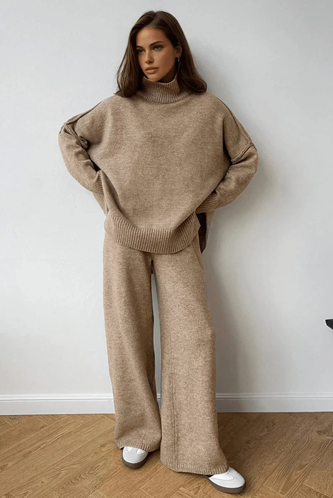 Women's Oversized Knit Set with Roll Neck Sweater and Wide Leg Trousers 0