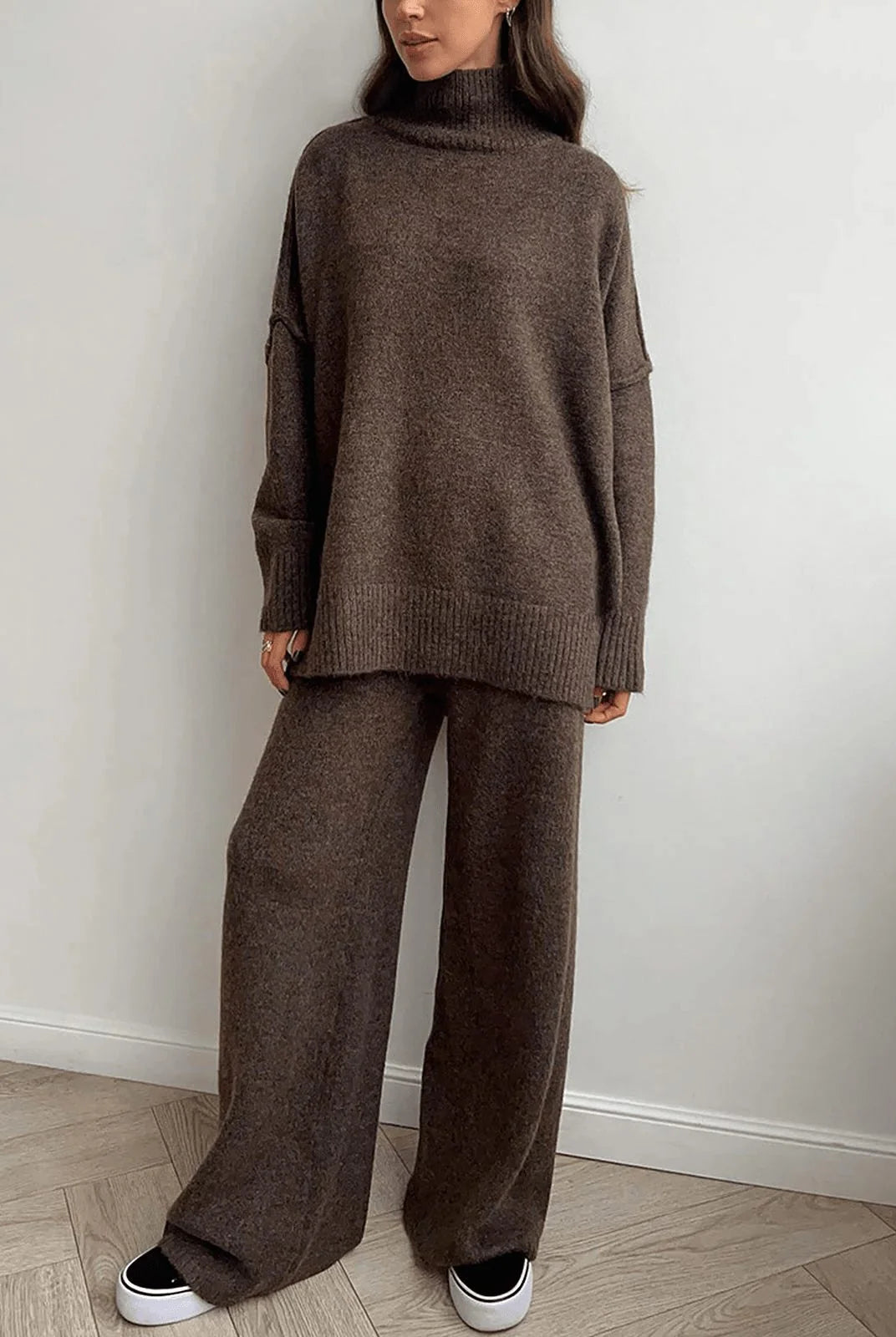 Women's Oversized Knit Set with Roll Neck Sweater and Wide Leg Trousers 1