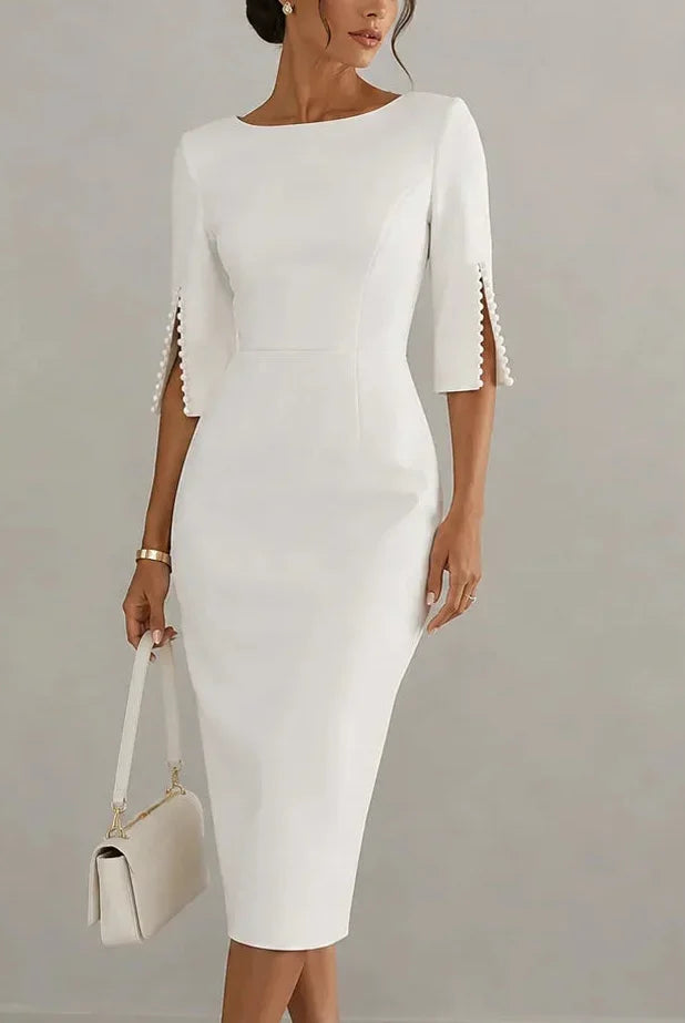 Women's Pencil Midi Dress with Pearl-Trimmed Sleeves 0