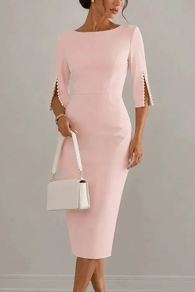 Women's Pencil Midi Dress with Pearl-Trimmed Sleeves 10