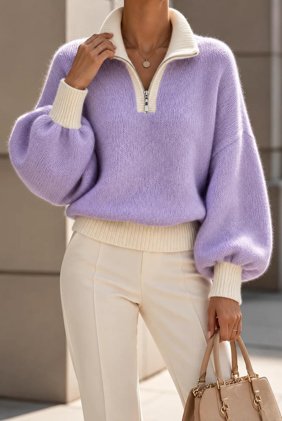 Women's Quarter-Zip Pullover with Balloon Sleeves and Contrast Rib Hem 9