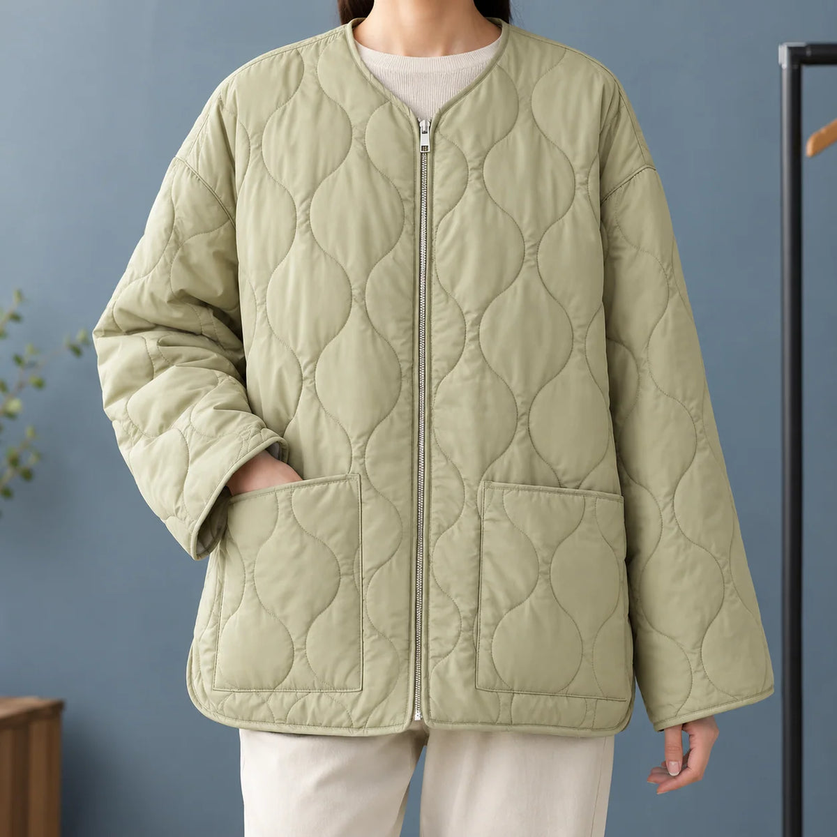 Women's Quilted Collarless Jacket with Full Zip and Patch Pockets 0