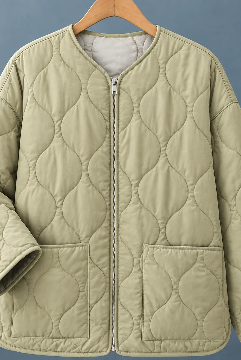 Women's Quilted Collarless Jacket with Full Zip and Patch Pockets 1