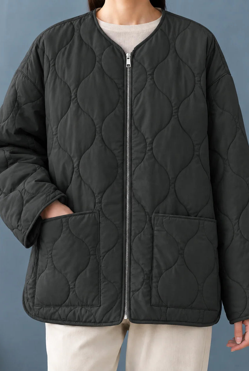 Women's Quilted Collarless Jacket with Full Zip and Patch Pockets 2