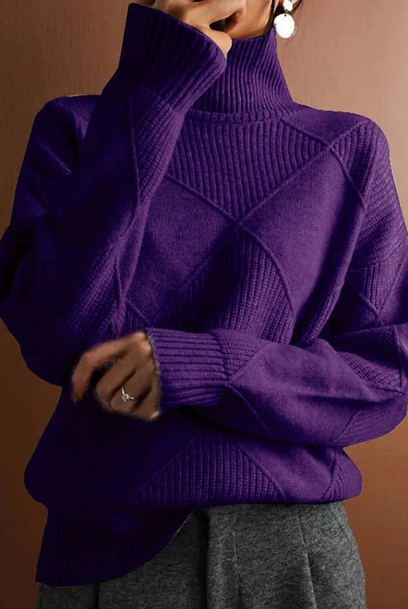Women's Relaxed Fit Argyle Knit Turtleneck Sweater 10