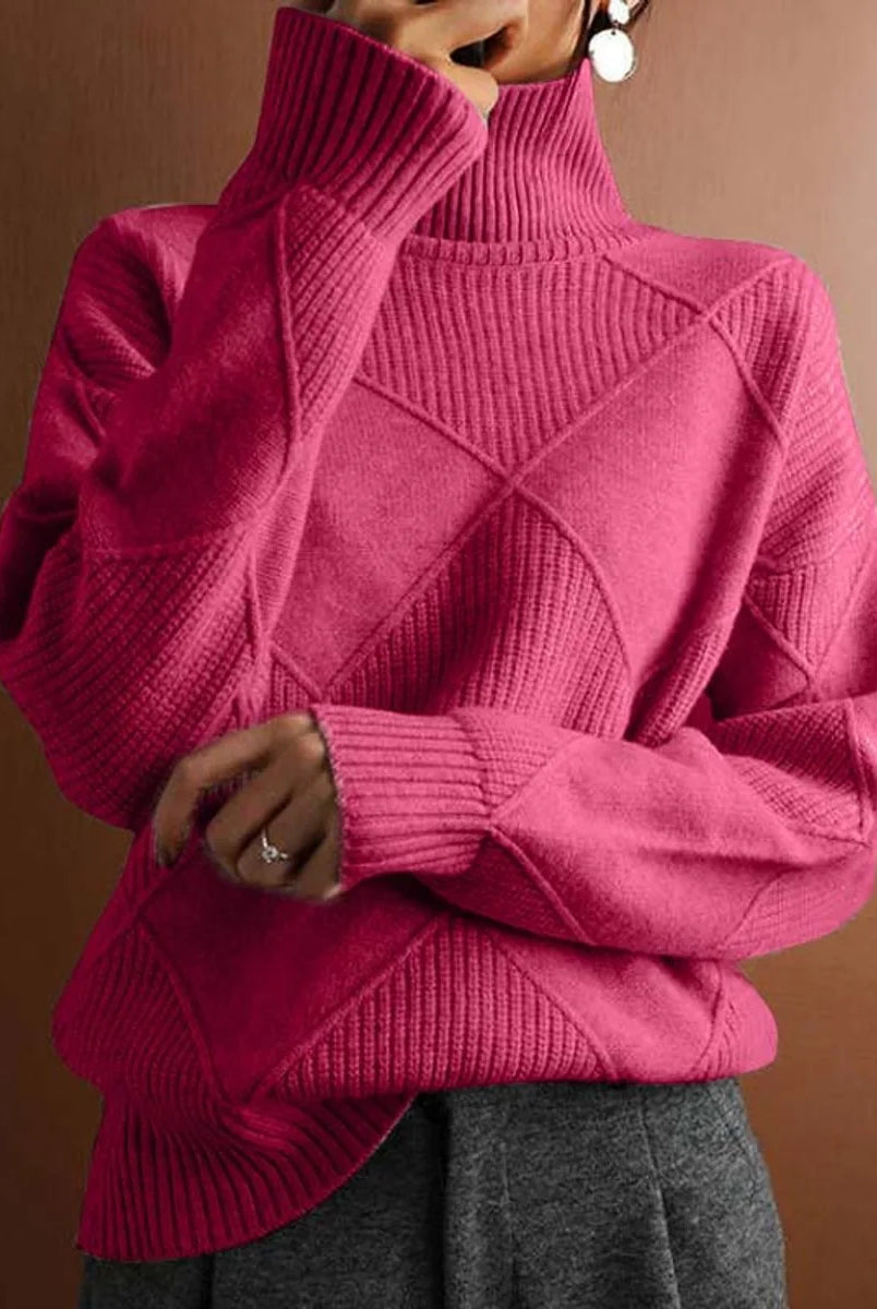 Women's Relaxed Fit Argyle Knit Turtleneck Sweater 12