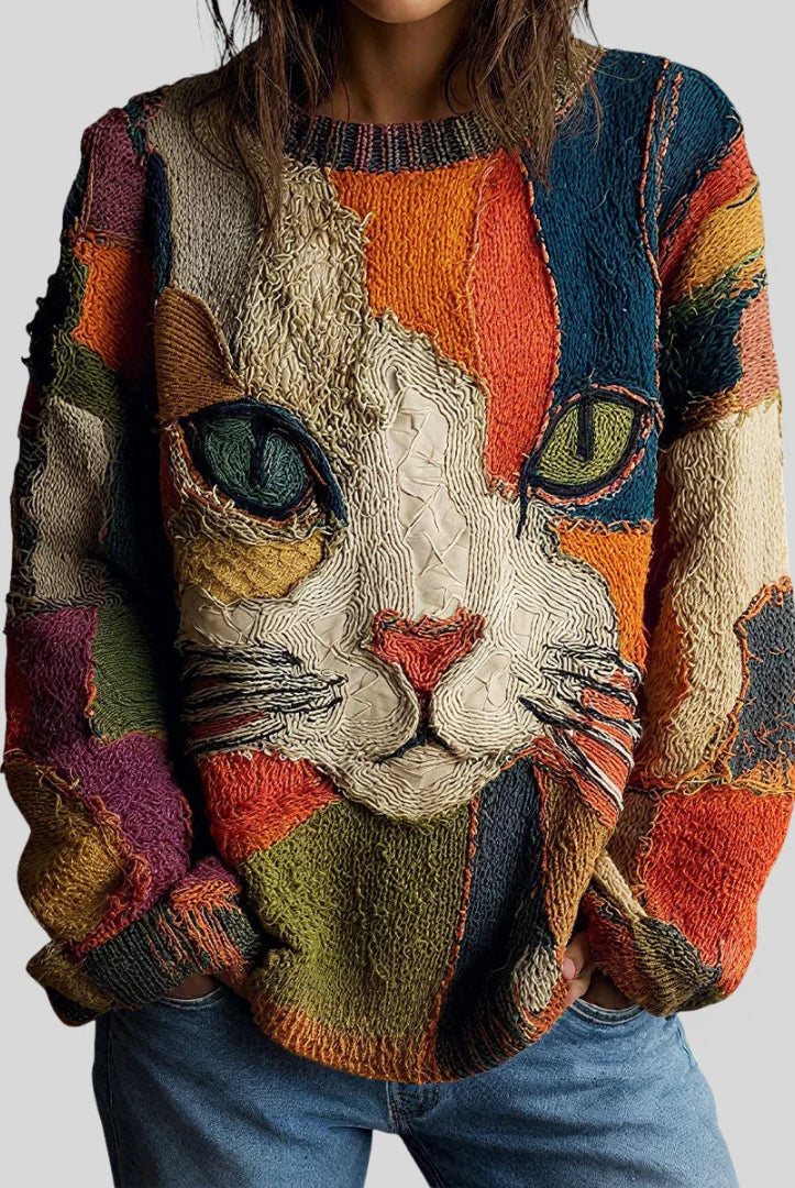 Women's Relaxed Fit Artistic Cat Print Casual Top 1