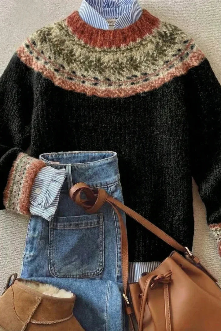 Women's Relaxed Fit Vintage Patterned Knit Sweater with Nordic Geometric Motifs 0