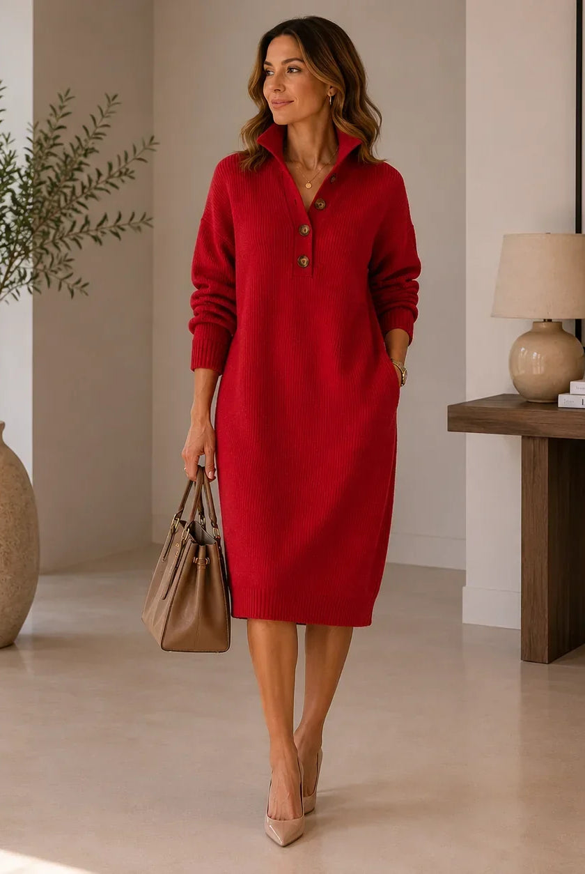 Women's Ribbed Knit Button Collar Midi Sweater Dress with Side Pockets 3