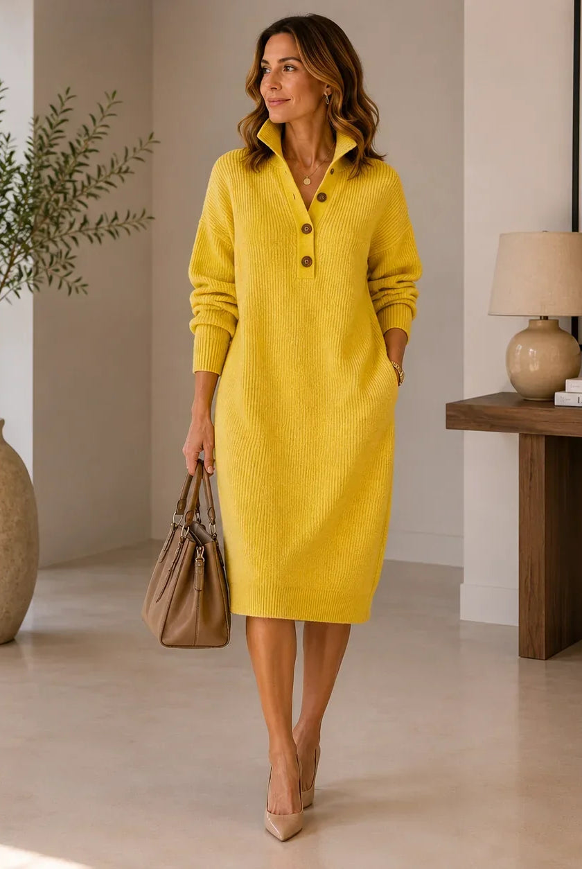 Women's Ribbed Knit Button Collar Midi Sweater Dress with Side Pockets 4
