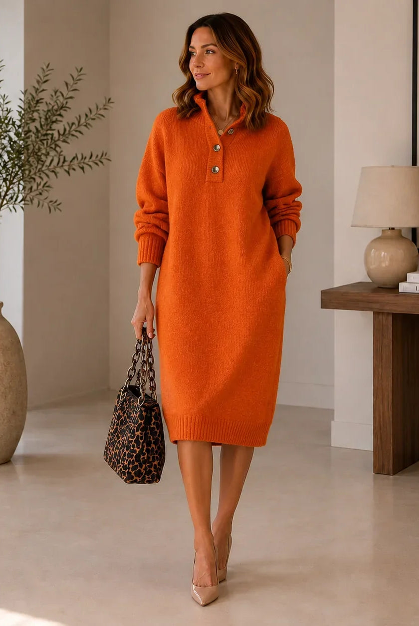 Women's Ribbed Knit Button Collar Midi Sweater Dress with Side Pockets 5