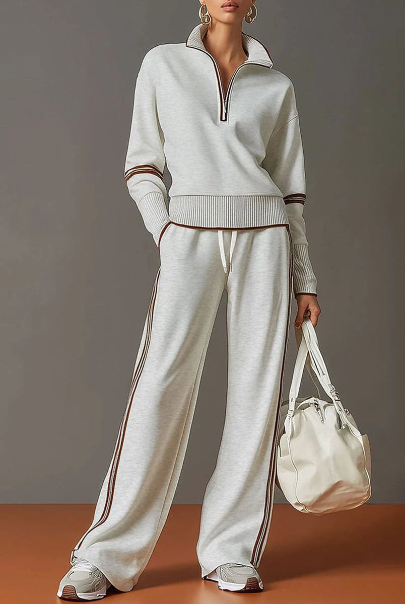 Women's Ribbed Knit Half-Zip Pullover and Wide-Leg Pant Loungewear Set 0