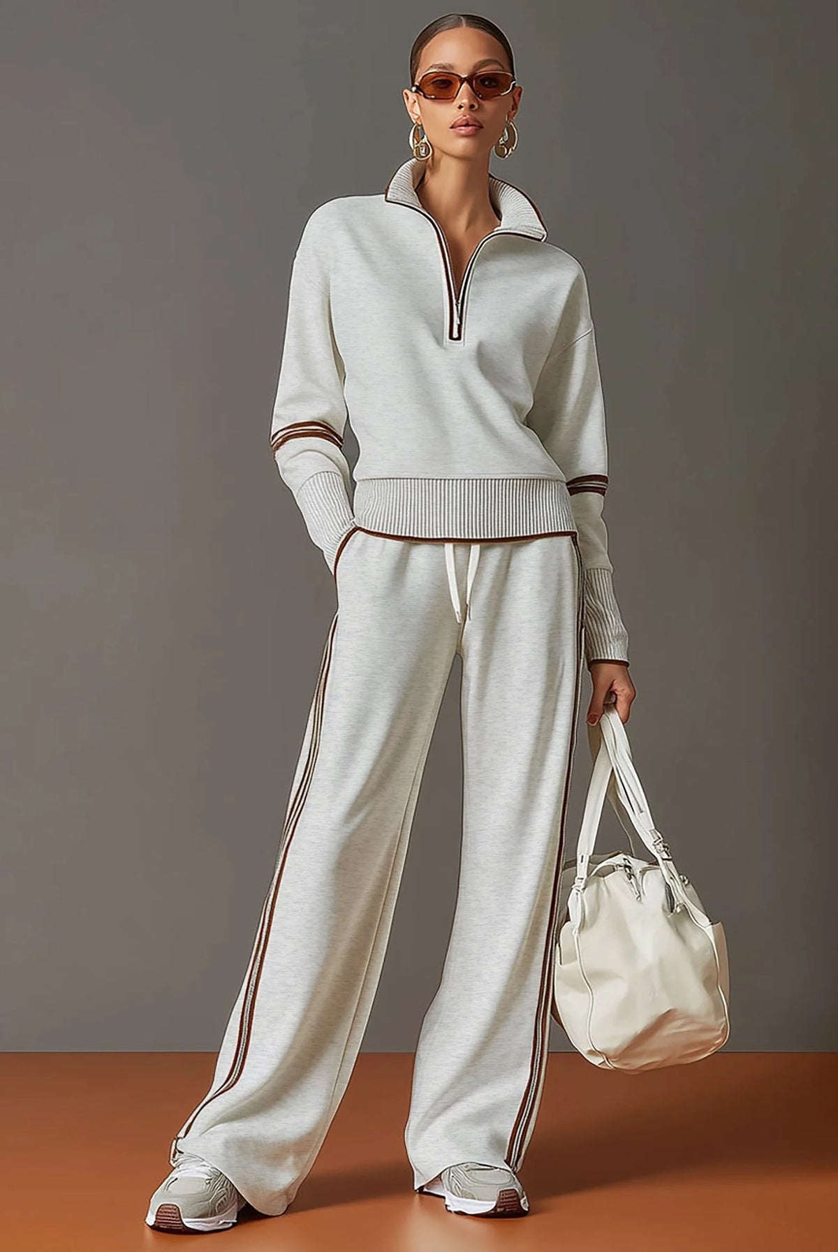 Women's Ribbed Knit Half-Zip Pullover and Wide-Leg Pant Loungewear Set 3