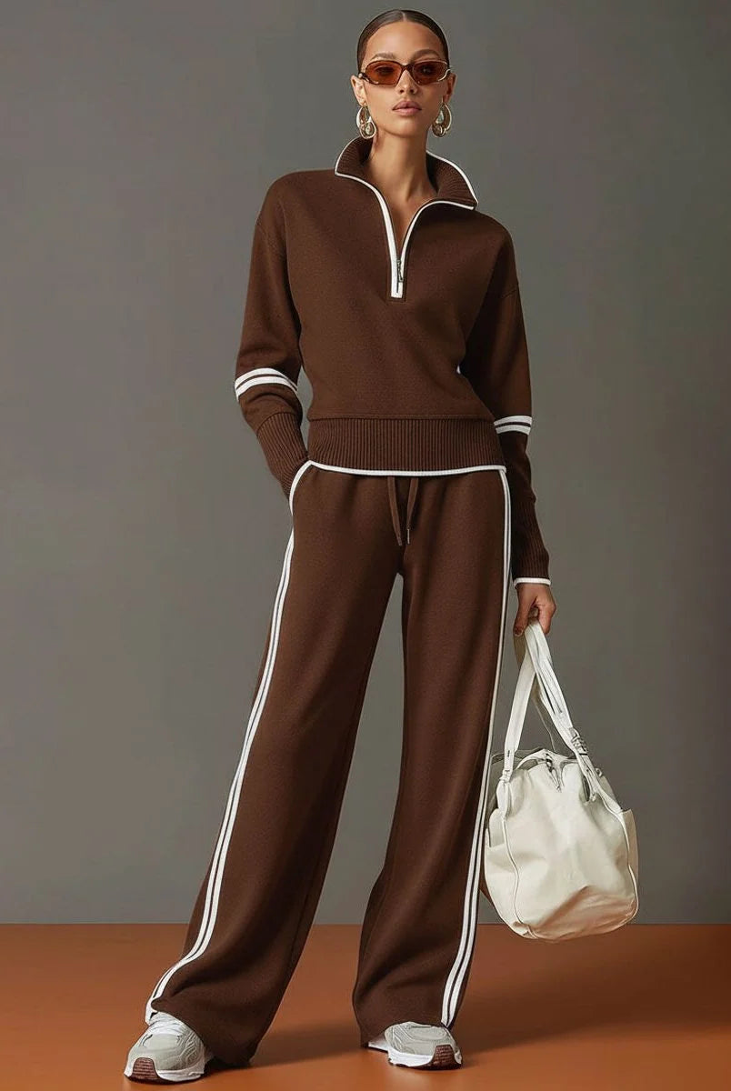 Women's Ribbed Knit Half-Zip Pullover and Wide-Leg Pant Loungewear Set 7