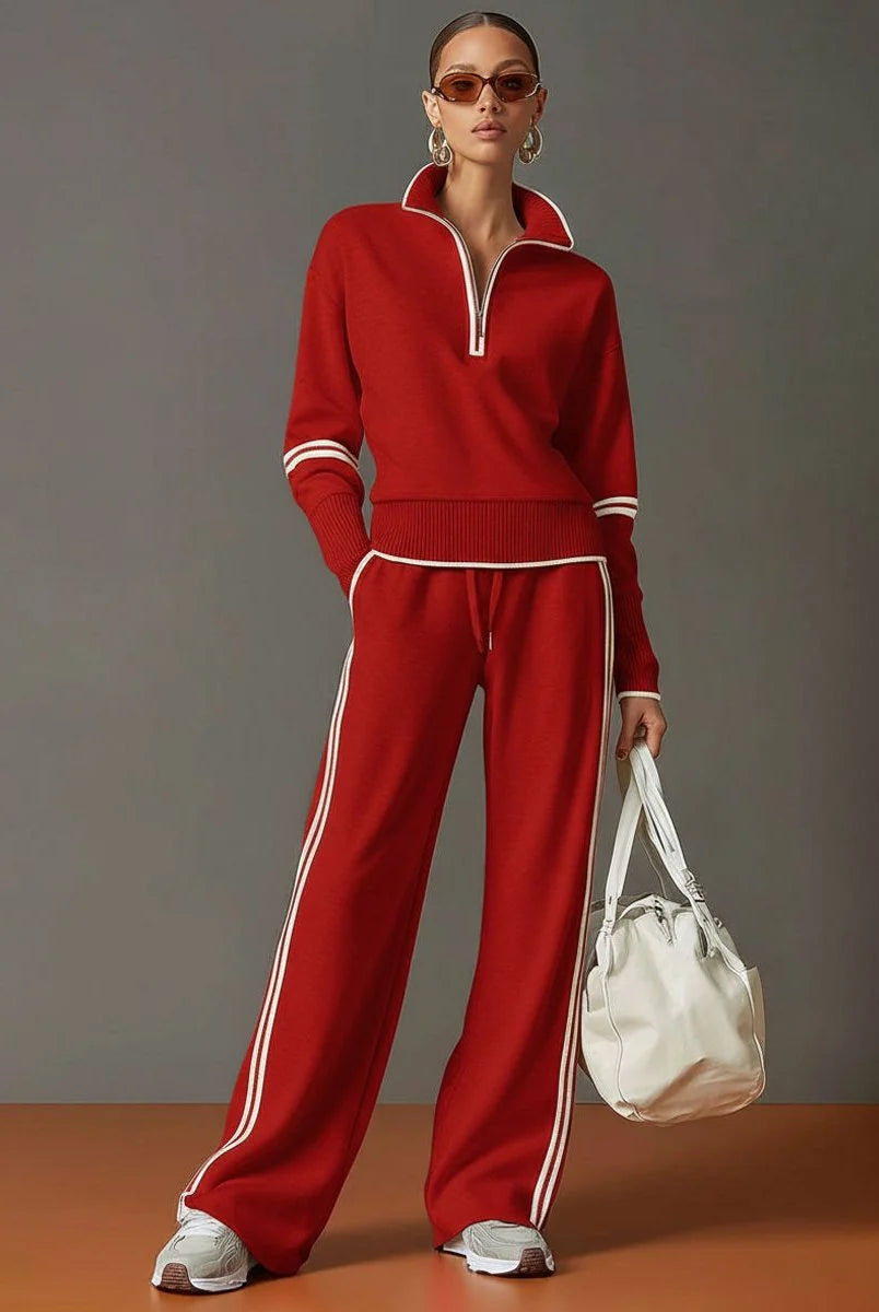 Women's Ribbed Knit Half-Zip Pullover and Wide-Leg Pant Loungewear Set 9