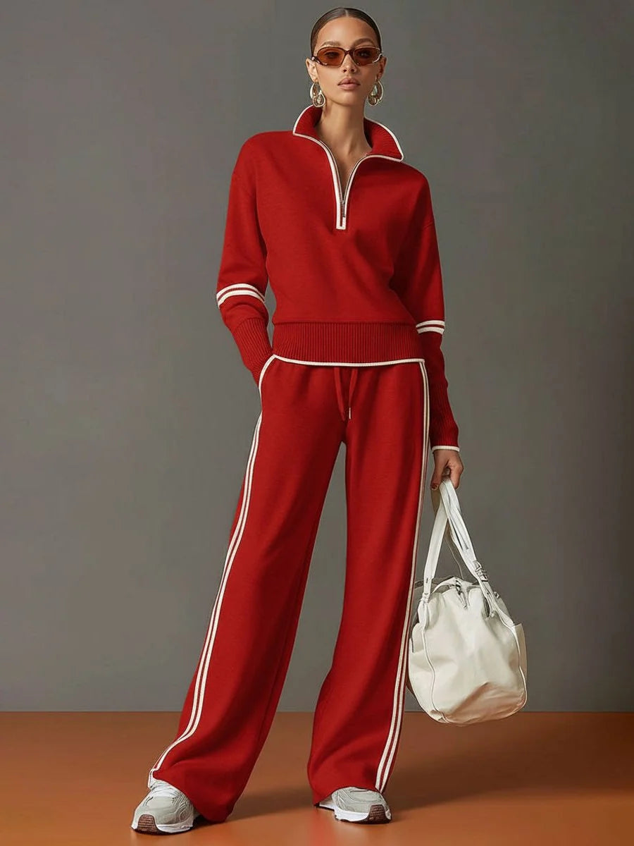 Women's Ribbed Knit Half-Zip Pullover and Wide-Leg Pant Loungewear Set 9