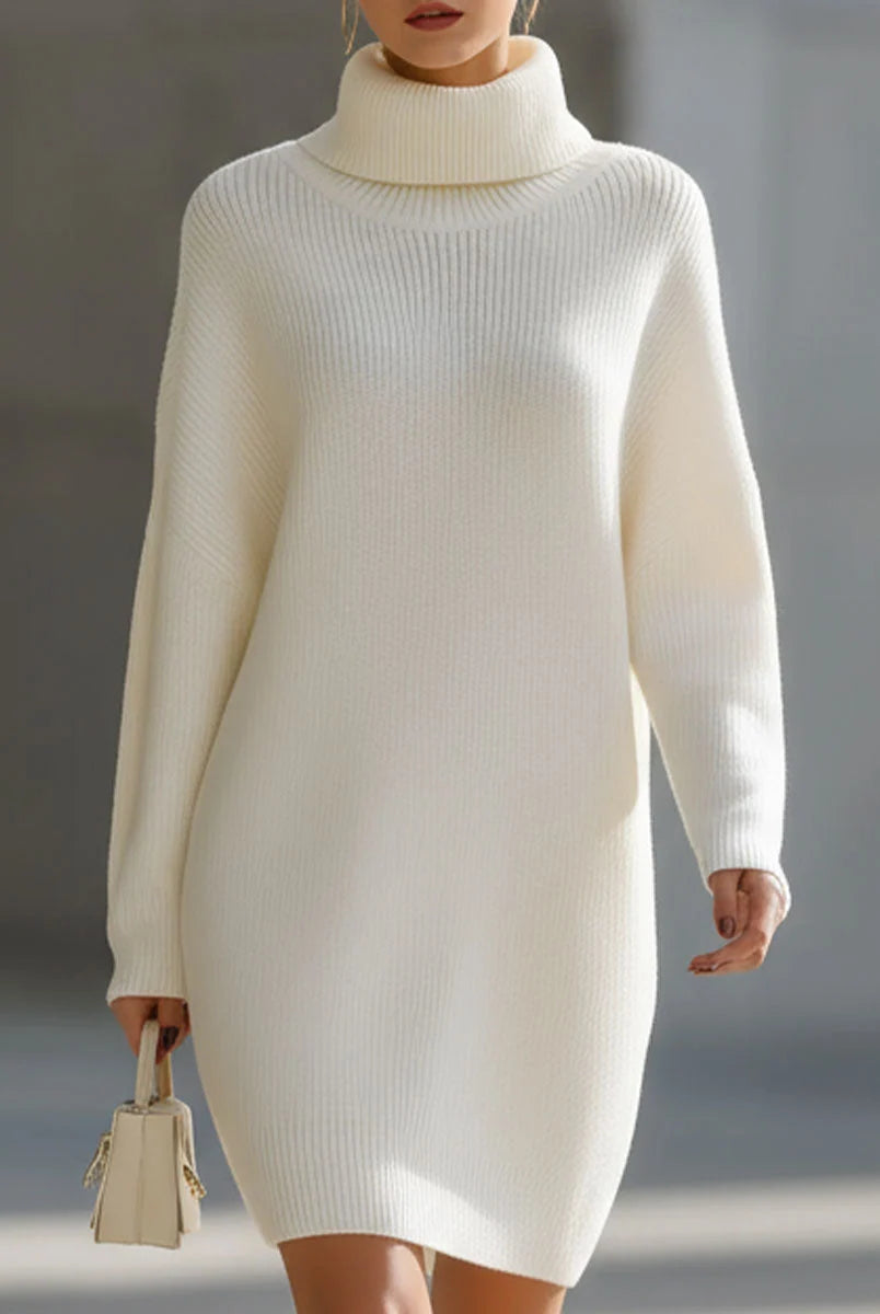 Women's Ribbed Knit Turtleneck Sweater Dress with Relaxed Fit 0