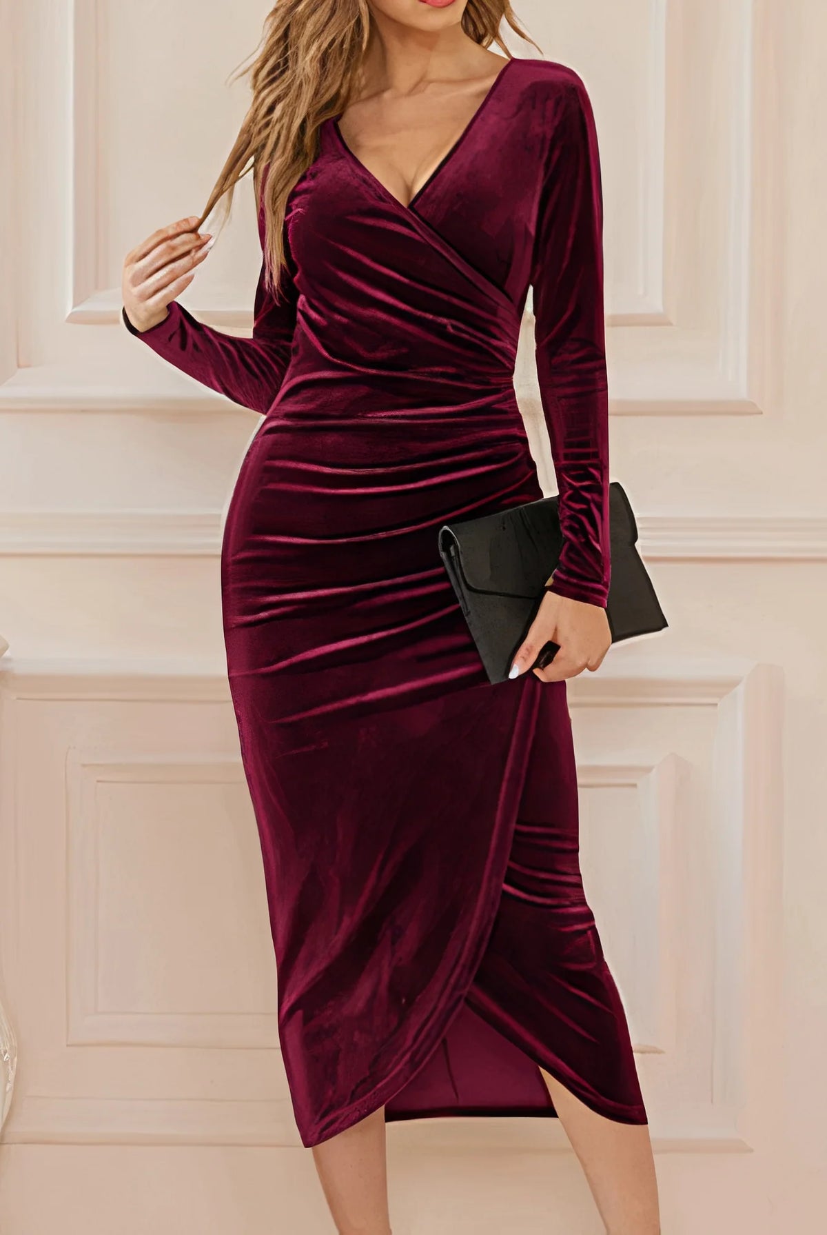 Women's Ruched Velvet Wrap Midi Dress with Long Sleeves 1