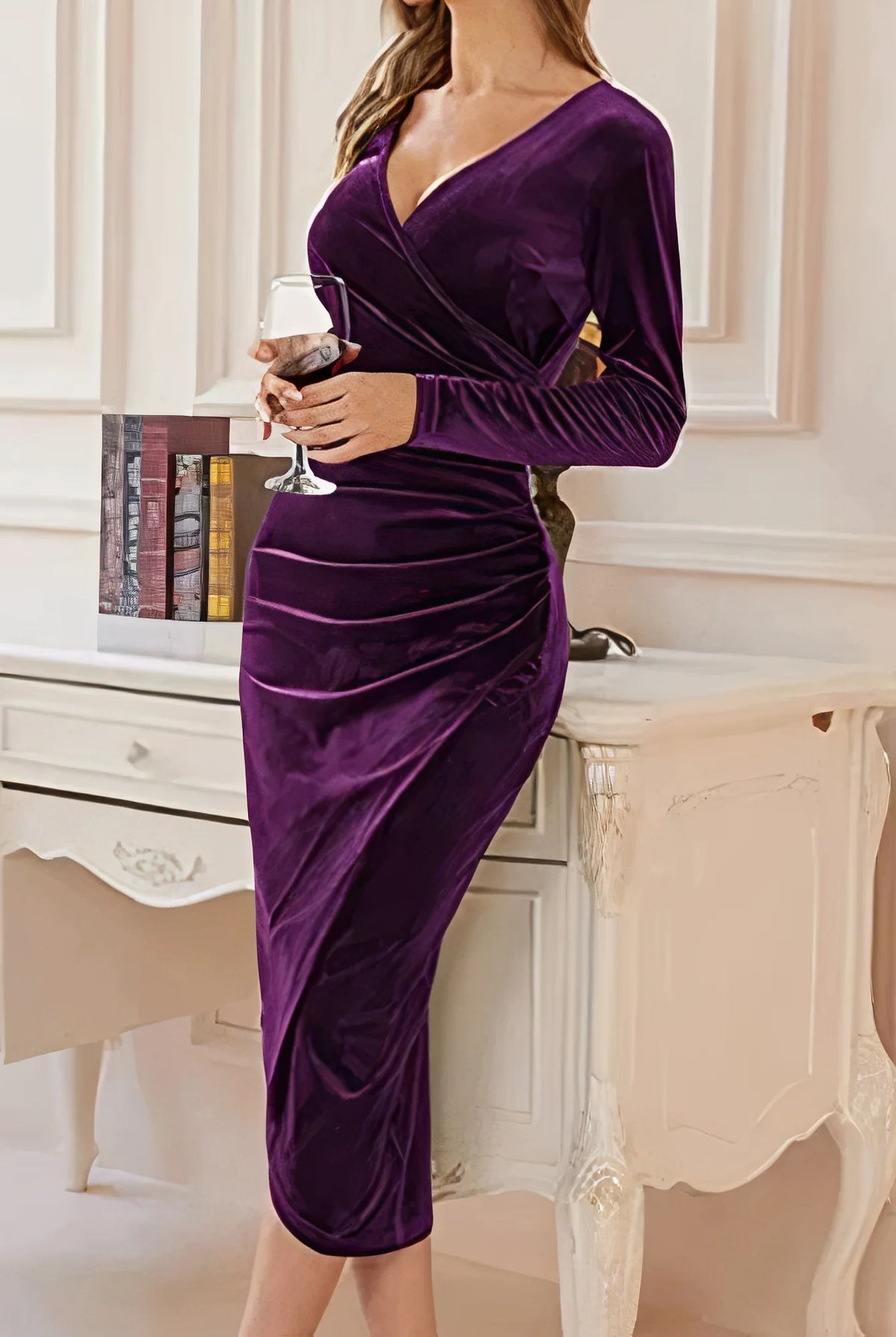 Women's Ruched Velvet Wrap Midi Dress with Long Sleeves 4