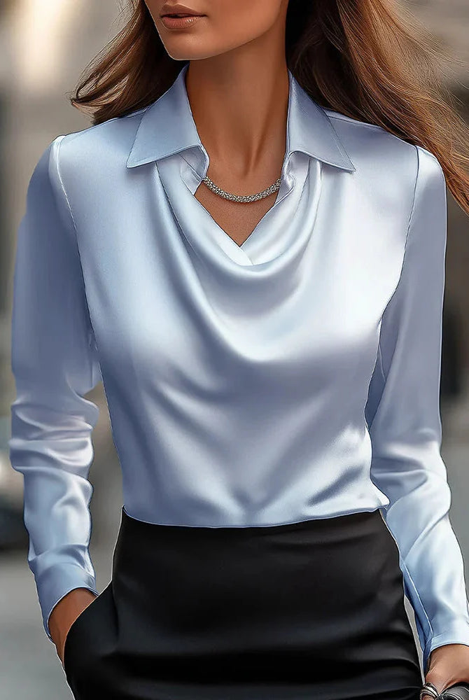 Women's Satin Blouse with Draped Neckline and Long Sleeves 1