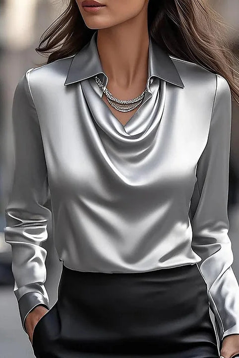 Women's Satin Blouse with Draped Neckline and Long Sleeves 2