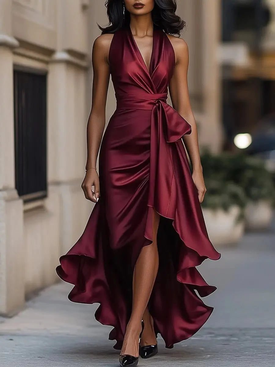 Women's Satin Halter Cocktail Dress with High-Low Ruffle Hem 5